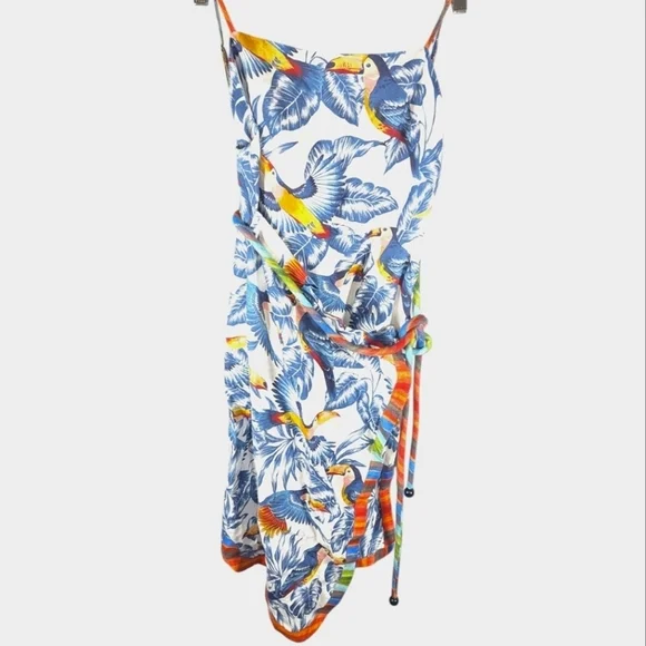 Farm Rio tropical parrot bird safari flying toucans open back dress womans small - Picture 4 of 8